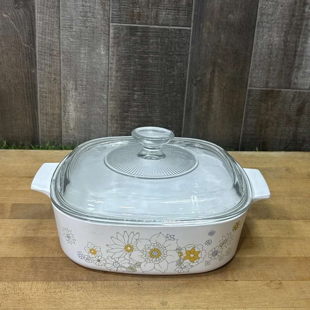 Vintage A-2-B 2 Qt Floral Bouquet Casserole Dish Glass Lid Retro